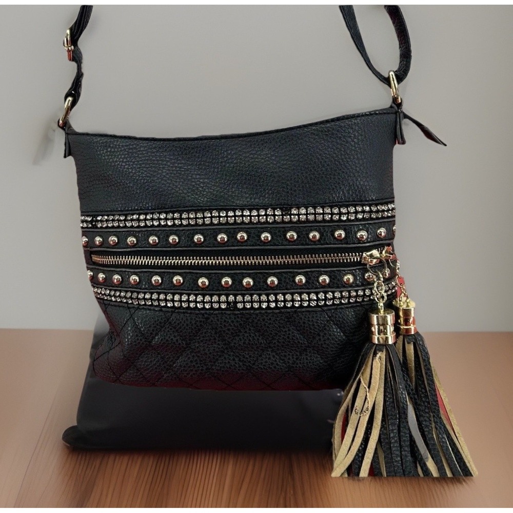 Imoshion Crossbody Bag Womens Small Black Studded Rhinestone Tassel Edgy Glam